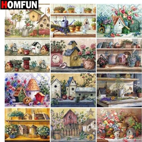 HOMFUN DIY Diamond Painting "Bird house shelf flower"Full Drill Square Round Diamond Embroidery 5D Cross Stitch Decoration Home