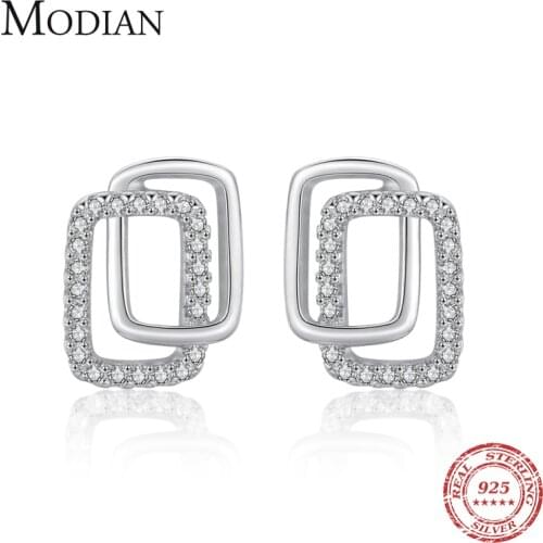 Modian New Genuine 925 Sterling Silver Double Geometric Fashion Stud Earrings For Women Girl Clear CZ Anti-allergy Fine Jewelry
