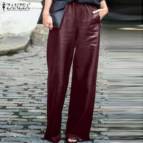 Fashion PU Leather Trousers Women Wide Leg Pants ZANZEA 2021 Casual Elastic Waist Long Pantalon Female Black Turnip Plus Size