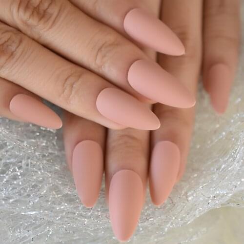 Matte Nude Fake Nail Press on False with Designs Full Cover Artificial Stiletto Frosted Solid Color Detachable Fake Nails Tips
