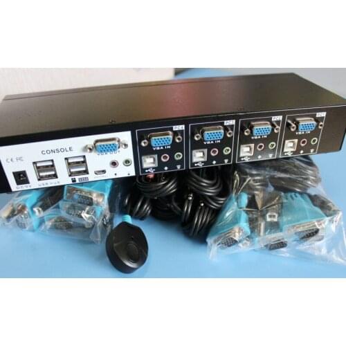 Industrial Grade 4 Port USB VGA AUDIO KVM Switch Console 3.5mm Stereo Microphone with Cables, Button/Hotkey/Desktop, USB HUB