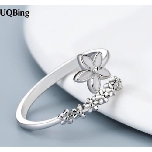 Simple Elegant White Enamel Flower Leaves Open Adjustable Rings For 925 Sterling Silver Jewelry