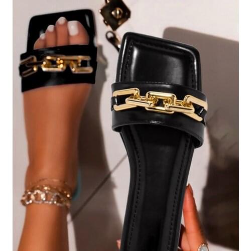 Dihope Flip Flops Women Slippers Sandals Gold Chain Closed Toe Slip On Mules Shoes Flat Heels Square Toe Casual Slides Plus Size