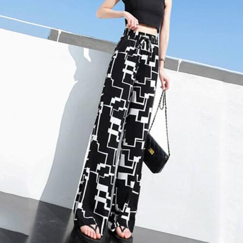 Womens new wide-leg pants, summer high waist, loose drape, elastic waist, mopping the floor, straight-leg casual pants women