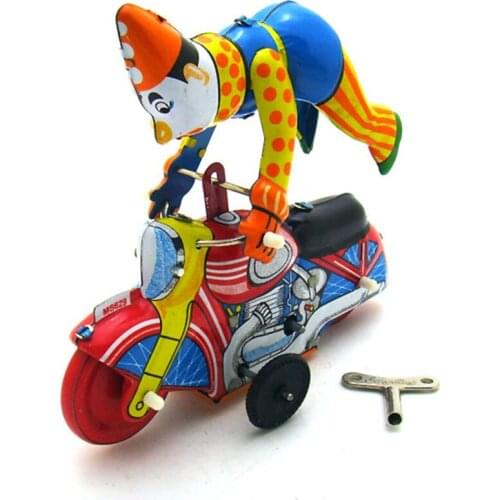 Vintage Clockwork Wind Up Clown on motorcycle toys Photography Children Kids Adult Tin Toys Classic Toy Christmas Gift