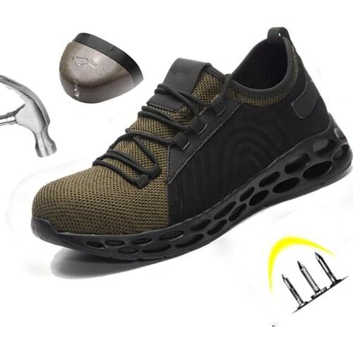 Safety Shoes Men Breathable Mesh Lace Up Rubber Sole Steel Toe Anti Smashing Waterproof Puncture Proof Indestructible Work Boots
