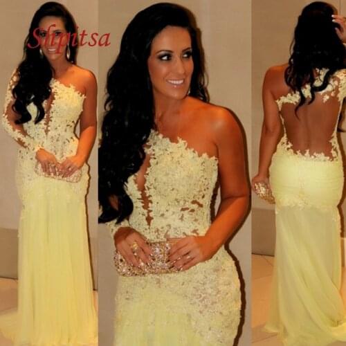 Yellow Long Sleeve Lace Mermaid Evening Dresses Party Chiffon One Shoulder Women Ladies Girl Prom Formal Evening Gowns Dresses