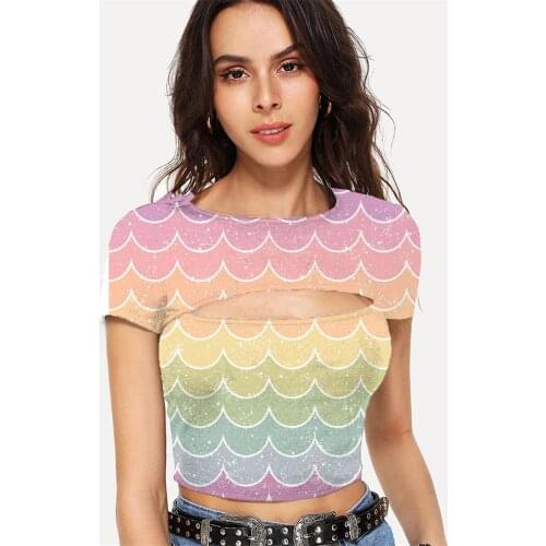 Somepet Colorful T-shirt Women Rainbow Navel Bare Abstract Shirt Print Stripe Tshirts Casual Short Sleeve Hip Hop Printed Slim