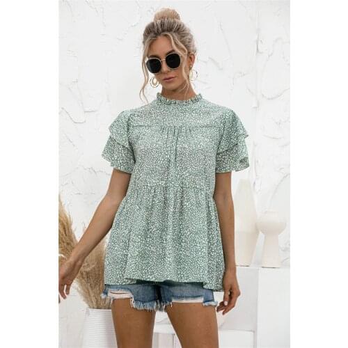 2021 Fashion Female Summer Blouse Leopard Print Tops Women O Neck Ruffle Short Sleeve Shirt Lady Top Pink Blue Green Blusa Mujer