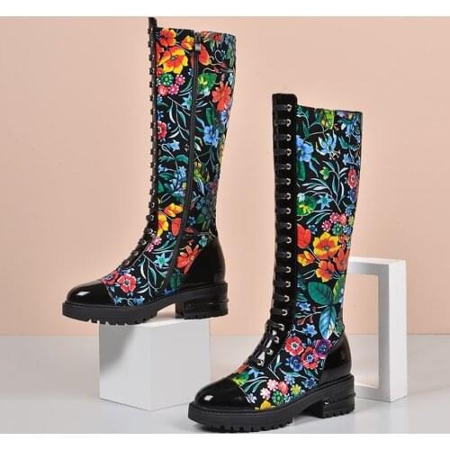 Womens Ankle Boots Stretchy Printed Floral Mixed Colors Genuine Leather Mid Heel Shoes Lace Up Round Toe British Style Plus Size