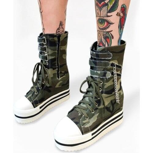 Brand New Chains High Heels Height Increasing Black Camouflage Gothic Style Skidproof Platform Casual Sneakers Shoes Boots Women