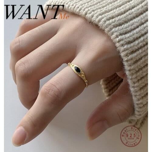 WANTME Fashion Korean Geometric Black Zircon Demon Eye Finger Ring for Women Genuine 925 Sterling Silver Bohemian Party Jewelry