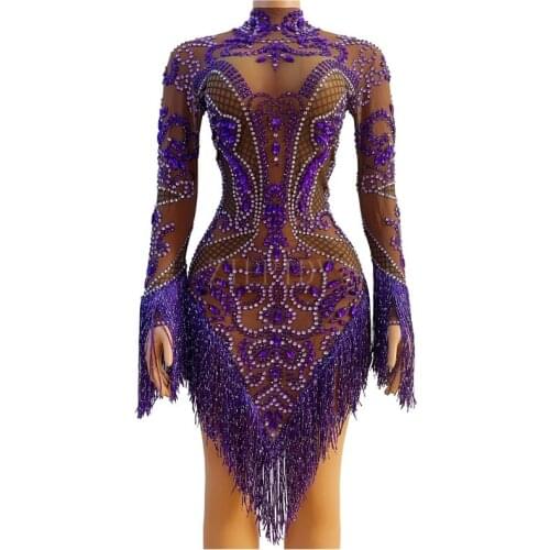 Purple Fringes Rhinestones Mesh Transparent Dress Women Birthday Evening Celebrate See Through Sexy Dance Singer Tassels Outfit