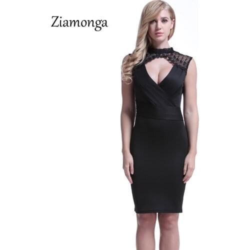 Ziamonga Women Bandage Dress Retro Vintage Sleeveless Midi Office Lace Vestidos Wrapped chest Business Bodycon Pencil Dresses