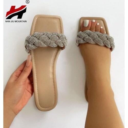 2021 Summer Beach Slippers Open Toe Outdoor Casual Flat Sandals Fashion Rhinestone Womens Shoes Plus Size