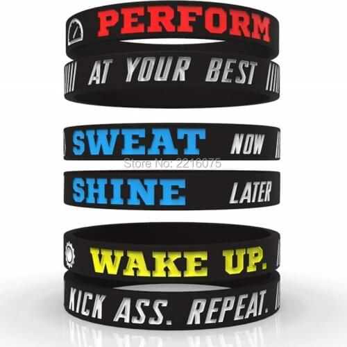 300pcs Inspirational PERFORM at your best , SWEAT now SHINE later , WAKE UP wristband silicone bracelets free shipping by DHL A