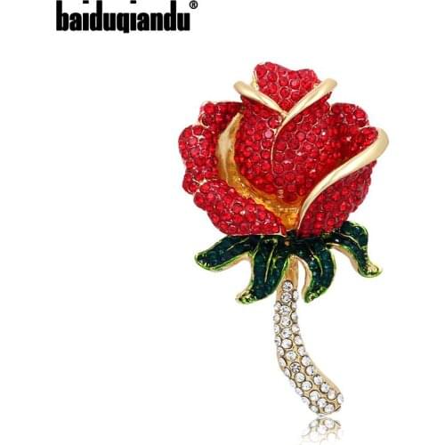 Baiduqiandu Crystal Red Pink Rose Pins Rhinestone Flower Brooch Women Clothing Accessories Women DIY Bouquet Wedding Bridal