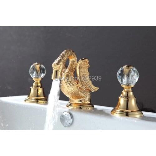 Free shipping 3 PIECE Widespread gold clour Cute swan sink faucet widespread lavatory sink faucet