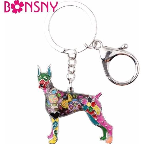 Bonsny Enamel Alloy Doberman Dog Key Chain Keychains Rings Unique Animal Jewelry For Women Girls Bag Pendant Car Holder Gift New