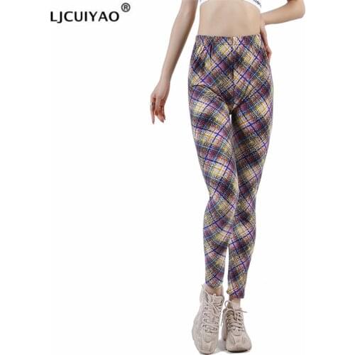 LJCUIYAO Grid Tights Pants Women High Waist Leggings Breathable Gym Fitness Push Up Clothing Colorful Pattern Workout Bottom