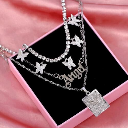 Caraquet 3Pcs/set Butterfly Crystal Tennis Chain Choker Necklace For Women Silver Color Angel Letters Pendants Necklace Jewelry