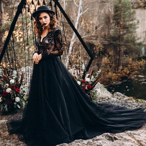 Black Lace Wedding Dresses Sexy Deep V neck Open Back Long Sleeves Boho Bridal Gowns Available in Plus Size and in White Ivory