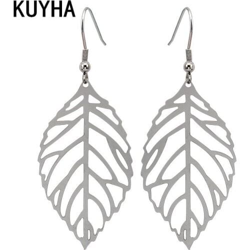 Long Leaf Earring Sets for Women Fashion Shiny Steel Metal Earrings 316L Leaves Pendant Drop Dangle Foliage Earring with Hook