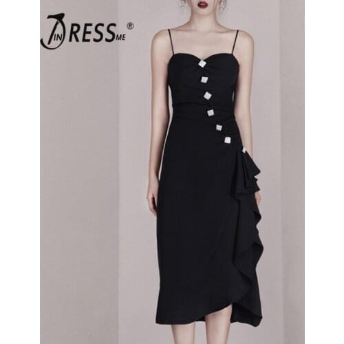 INDRESSME New 2019 Elegant Ruched Skinny Spaghetti Strap Asymmetrical Ruffle Embellished Midi Dress Lady Party Dress Vestidos