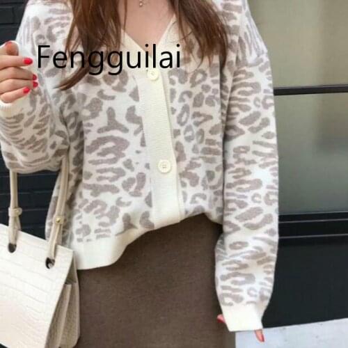 Women Autumn Winter Leopard Cardigan Thick Sweater Female Long Sleeve Loose Oversized Outer Knitted Coat Manteau Femme Hiver