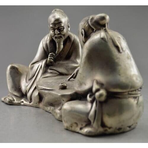 Collectible Decorated Old Handwork Tibet Silver Carved 2 Elder Play Chess Statue Free Shipping