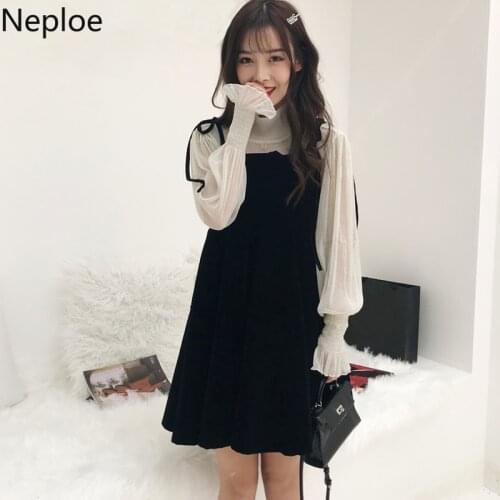 Neploe Fall Clothes Two Piece Outfits for Women See Through Tops Sling Black Dress Femme Roupas Sweet Suit 2 Piece Set Woman