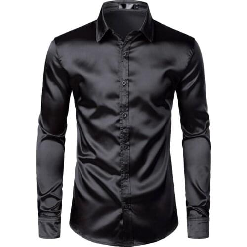 Mens Black Satin Luxury Dress Shirts Silk Smooth Men Tuxedo Shirt Slim Fit Wedding Party Prom Casual Shirt