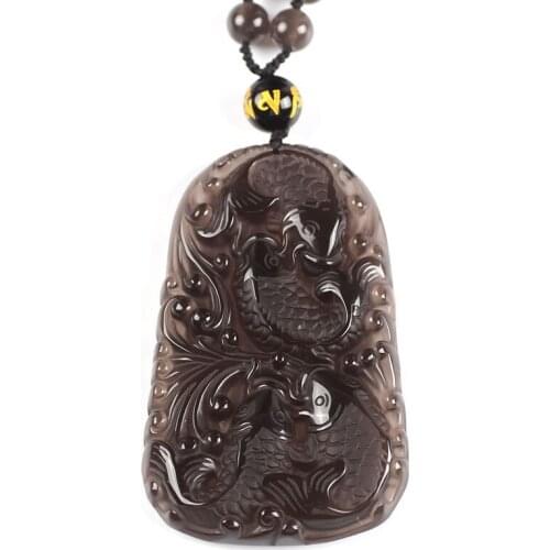 Natural Ice Clear Obsidian Hand Carved Fish Lucky Pendant Necklace Free shipping