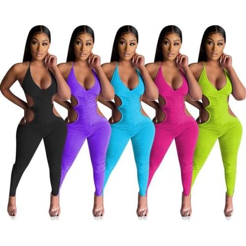 Fitness Neon Women Jumspuit Deep V Neck Lace Up Halter Backless Pencil Pants Sexy Solid Pleated Slim Romper Night Club Overalls