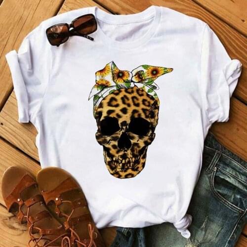 New Women T Shirt Skull with Sunflower Printed T-shirt Harajuku Short Sleeve Graphic Tshirt Round Neck Tee Shirt Femme Shirt Top