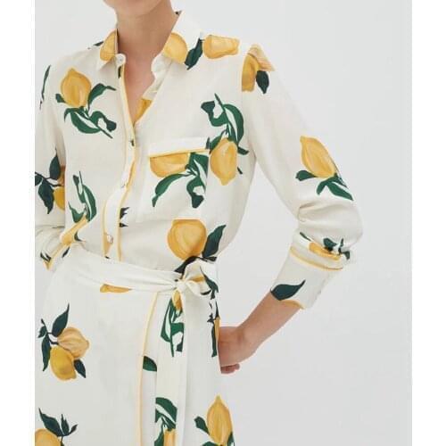 Lemon Print Womens Blouse Ladies Long Sleeve Turn-Down Collar 2021 Summer100% Silk Shirt and Tops