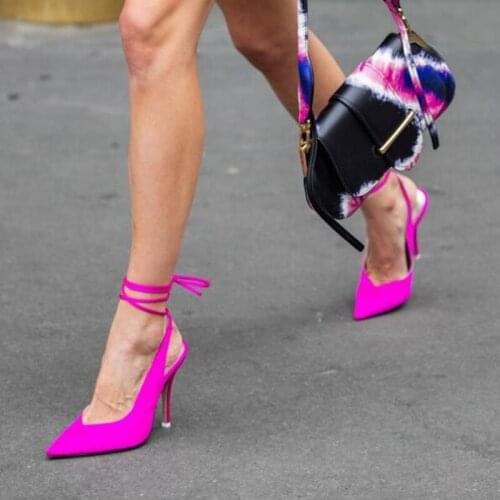 Sexy V-cut Design High Heel Shoes Pink Green Purple Shallow Ankle Wrap Dress Shoes Lace-up Slingback Thin Heels Pumps