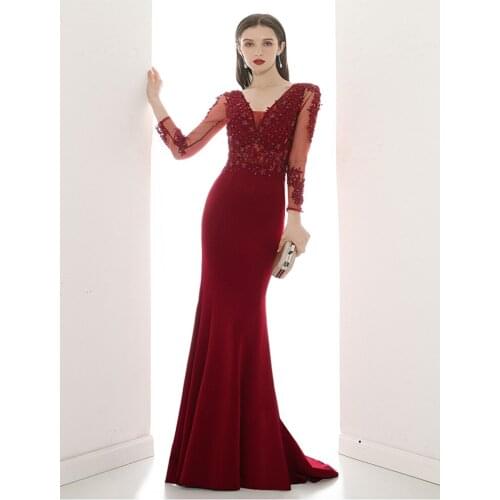 Sexy V-Neck Mermaid Evening Dress Long Sleeve Robe De Soiree Appliques Burgundy Evening Dresses Long Dress 2020 Vestido De Festa