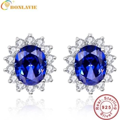 BONLAVIE 3ct Blue Tanzanite Earrings Luxury Kate Princess Diana 925 Sterling Silver Engagement Wedding Stud Earrings Brincos