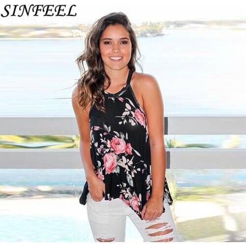 SINFEEL Sexy Sleeveless Floral Print T Shirt Women Tops Tee Kawaii T-Shirt Female Summer Beach Casual Tshirt Blusas Plus Size