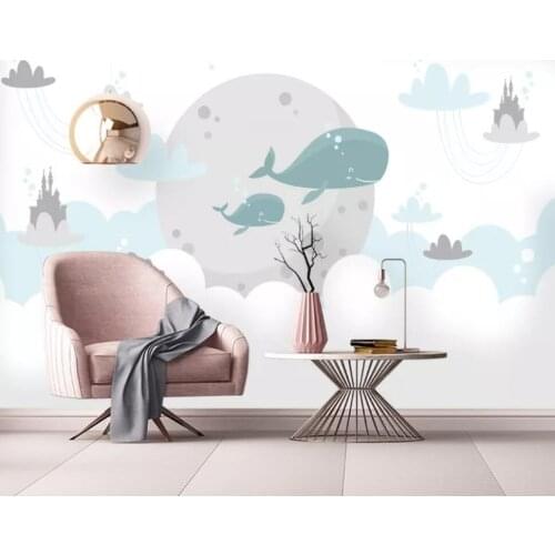 Modern simple hand-painted whale castle baiyun childrens room background wall decoration wallpaper murals