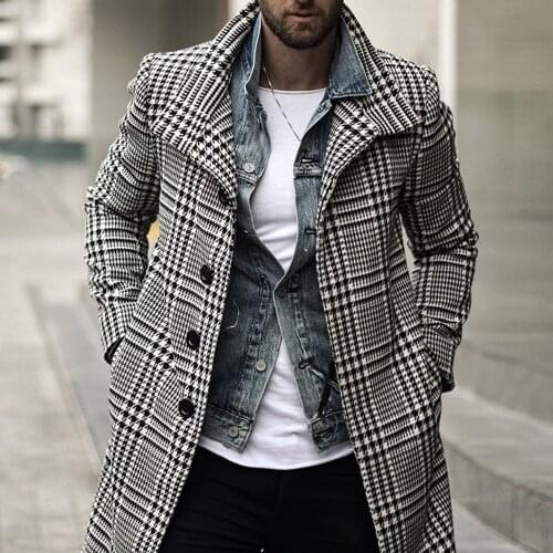 2021 New Plaid Trench Coat Men European Retro Fashion Single Breasted Casual Black Long Mens Winter Coat Outwear Overcoat