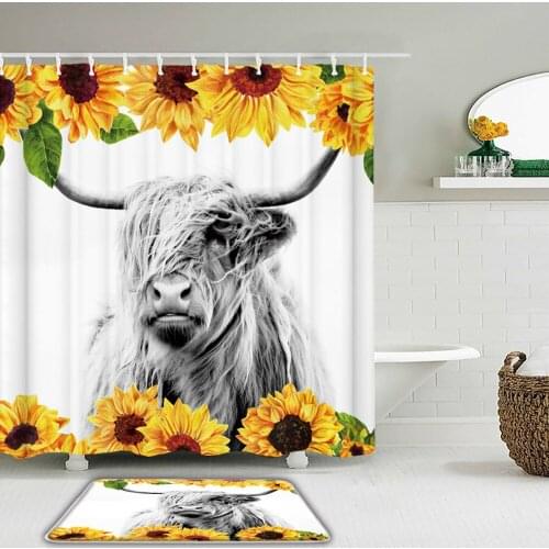 3D Funny Highland Cow Fabric Waterproof Shower Curtain Bathroom Curtains Set Sunflower Flower Cow Non-Slip Rug Toilet Bath Mat