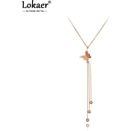 Lokaer Bohemia Design Stainless Steel Butterfly Choker Necklaces Jewelry Rose Gold Tassel Pendant Necklace For Women N20019