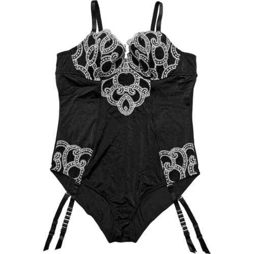 Black Plus Size Embroidery Open Crotch Metal Clips Women Sexy Bodysuit with Garter Belt Female Underwear Lingerie SH038