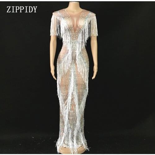 White Fringes Rhinestones Long Dress Womens Birthday Celebrate Tassels Dress Evening Wear Female Singer Tassel Dress Costume