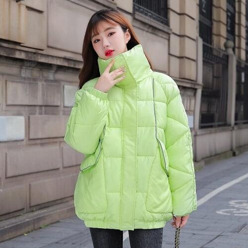 Winter Women Glossy Cotton Padded Jacket Letter Embroidery Puffer Coat Stand Collar Thick Loosed Short Parkas with Pockets