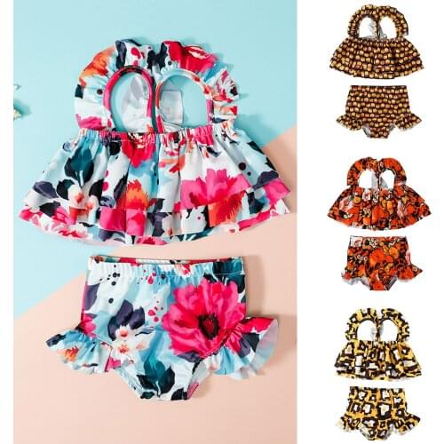2021 Summer Toddler Kid Baby Girl Vest Ruffle Print Swimwear+swimming Trunks Two-piece Set Kids Swimwear For Girls Baby Kleidung