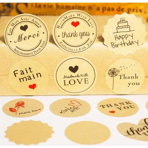 204pcs Kraft Paper Sticker Thank You Self Adhesive Stickers Handmade Love Kraft Label 3.5/3.8cm DIY Gift Box for Party Wedding