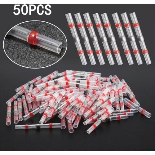 50/25PCS Heat Shrinkable Wire Connectors Waterproof Sleeve AWG22-18 Butt Electrical Splice Tinned Solder Seal Terminals